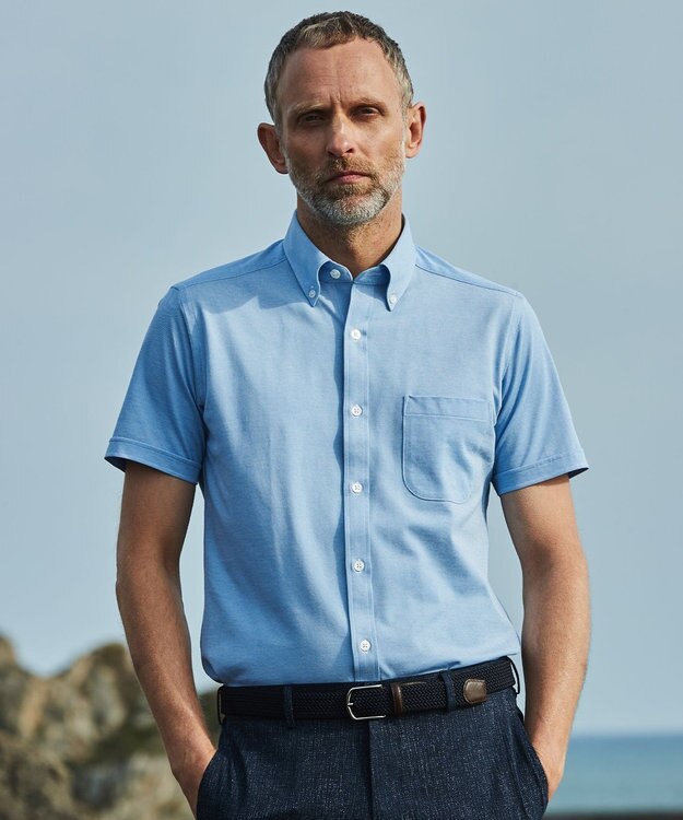 GOTAIRIKU 【吸汗速乾】クールマックス鹿の子 半袖ビズシャツ_ボタンダウン サックスブルー系