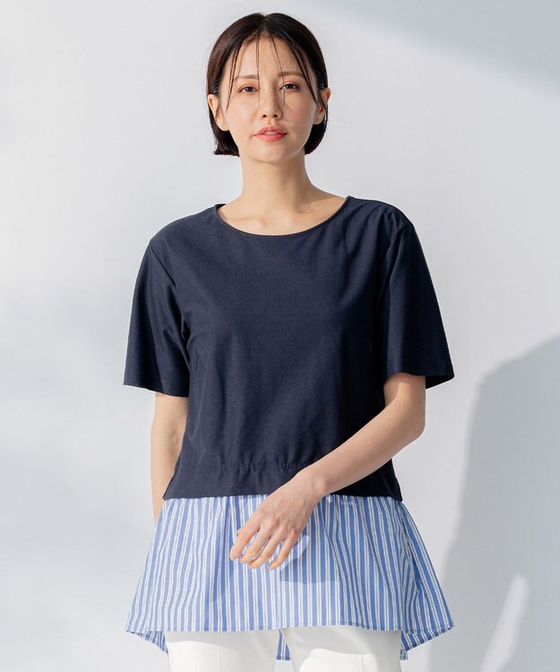 自由区 【洗える】コンビネーションシャーティング ペプラムデザイン カットソー ネイビー系1