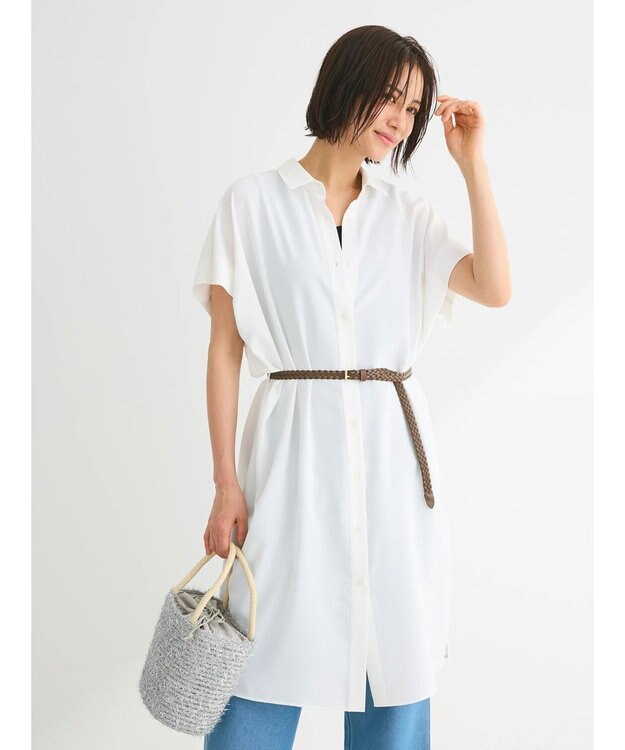 Green Parks ＳＥＴ２点　合皮ベルト＋ミディシャツワンピース Off White