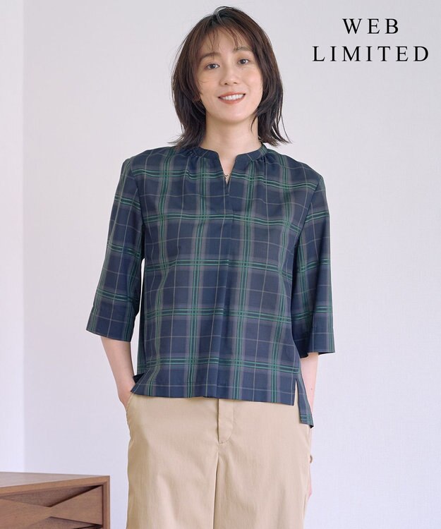 J.PRESS LADIES 【WEB限定カラーあり・洗える】SOFT SHEER チェック キーネック ブラウス 【WEB限定】ネイビーチェック系