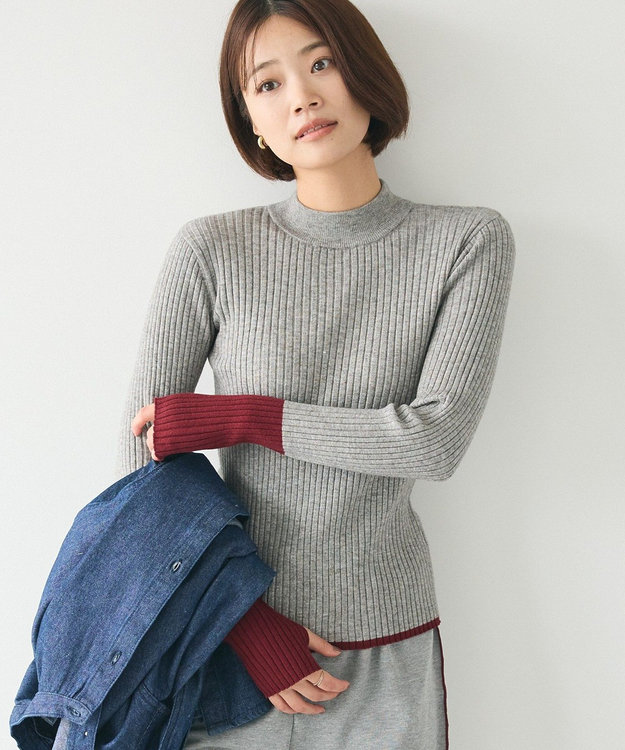 CRAFT STANDARD BOUTIQUE 洗える/とてもち配色モックネックリブニットプルオーバー/24AW Gray