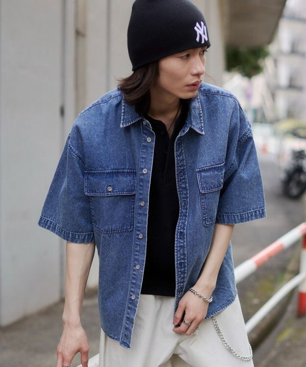 WEGO 【ユニセックス着用ITEM/MLサイズ展開】カラーデニムシャツ（SS） デニム淡加工色