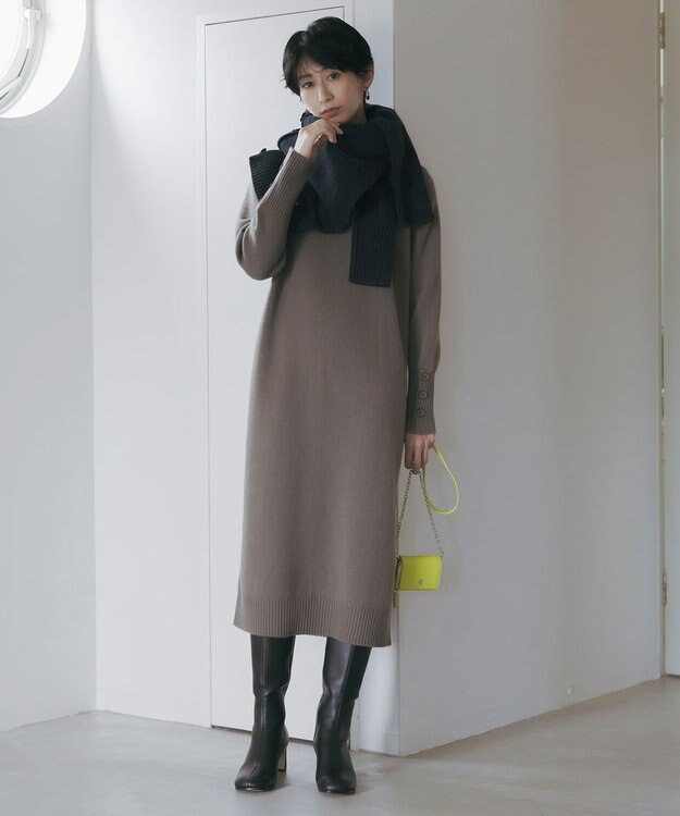 ICB L 【WEB限定カラーあり】 ソフトカシミヤミックス ハイネックワンピース アッシュカーキ系
