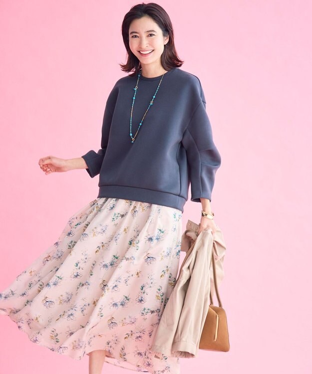 自由区 L エアリーローン花柄プリント スカート ベージュ×ブルー