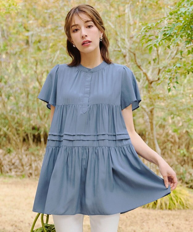 Tiaclasse 【洗える】バンドカラーティアードシャツチュニックブラウス ブルー