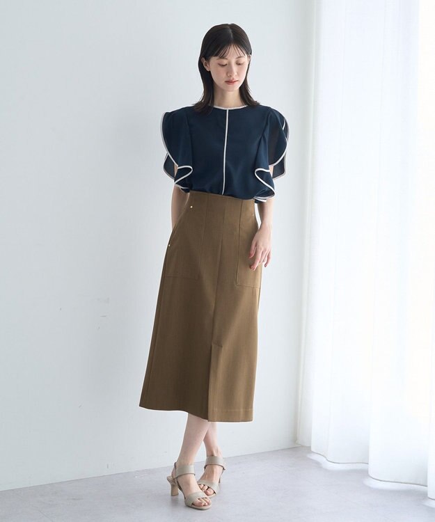 YECCA VECCA 配色ラッフルスリーブブラウス Navy