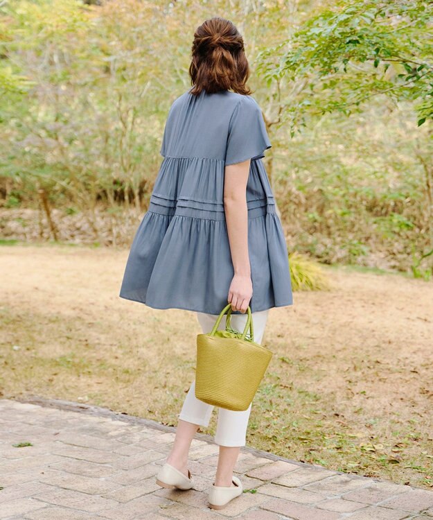 Tiaclasse 【洗える】バンドカラーティアードシャツチュニックブラウス ブルー