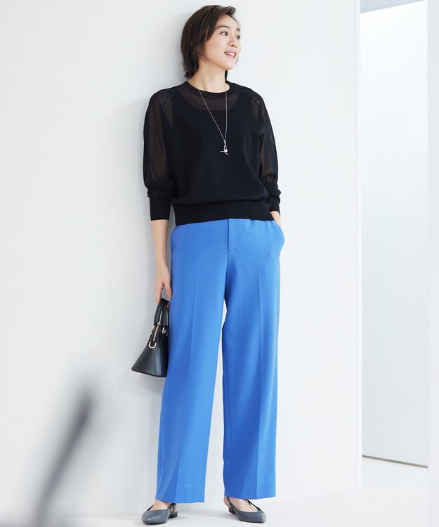 自由区 【洗える】ライトフィールジャージーワイドストレート パンツ ブルー