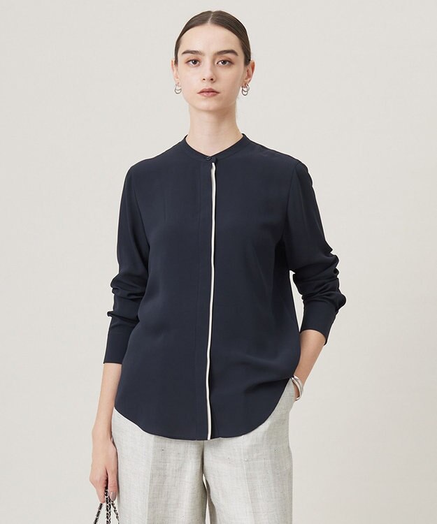 ICB L 【UVケア・速乾・洗える】BackSatinAmunzen バンドカラーブラウス ネイビー系