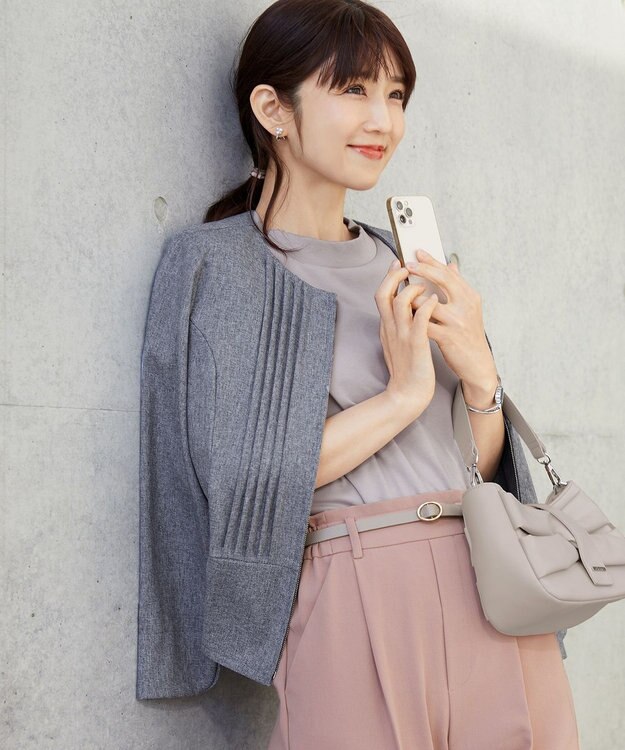 Tiaclasse 【小倉優子さん着用】【洗える】ピンタックノーカラージャケット グレー