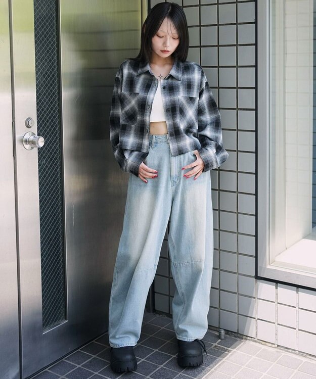 WEGO チェックショートネルシャツ ブラック