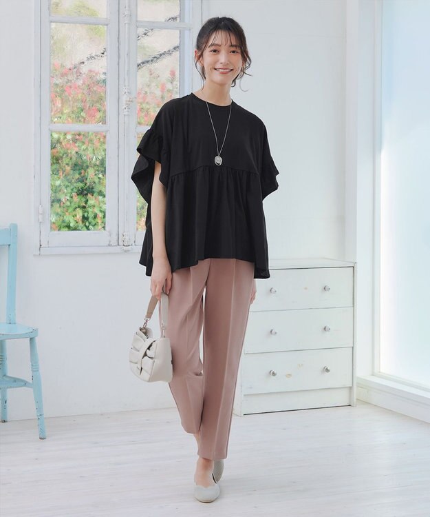 Tiaclasse 【洗える】ギャザー切り替えフレアプルオーバー ブラック