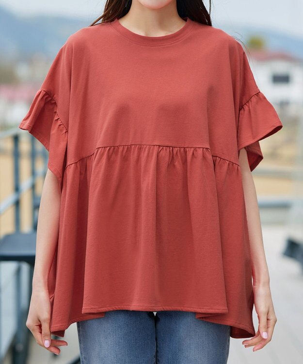 Tiaclasse 【洗える】ギャザー切り替えフレアプルオーバー コーラル