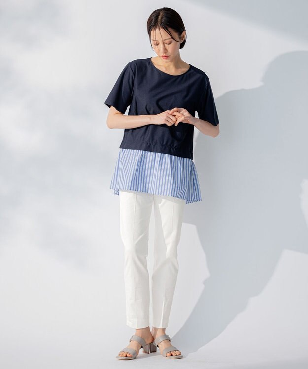 自由区 【洗える】コンビネーションシャーティング ペプラムデザイン カットソー ネイビー系1