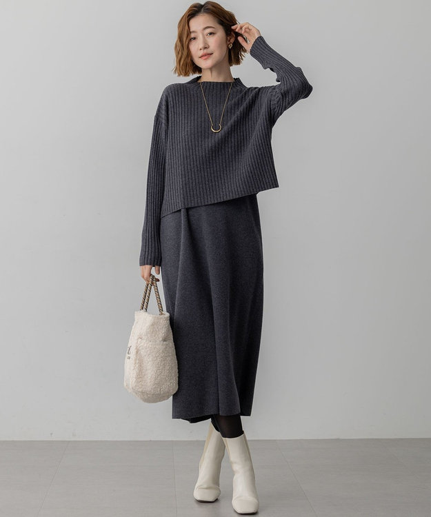 23区 L 【洗える】レイヤードニットツイン ワンピース チャコールグレー系