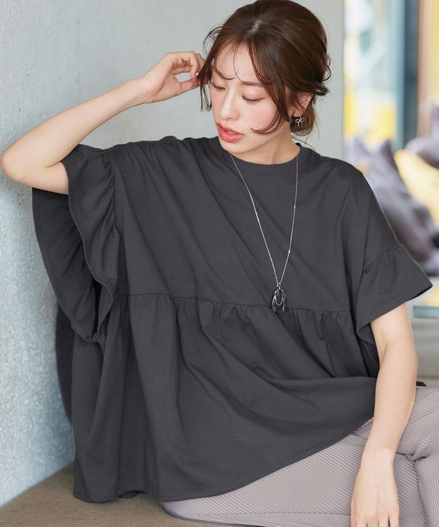 Tiaclasse 【洗える】ギャザー切り替えフレアプルオーバー チャコールグレー