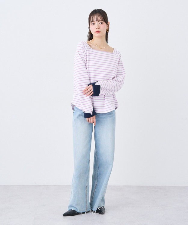 earth music&ecology バイカラースクエアネックボーダープルオーバー Lilac