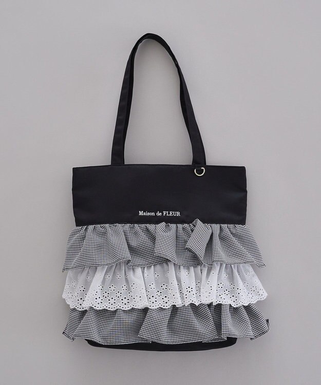 Maison de FLEUR サテンフロントフリルスクエアトートバッグ Gingham Check