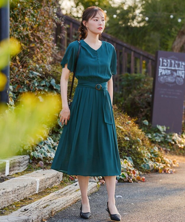 Tiaclasse 【洗える】花びらスリーブベルト付きワンピース ターコイズ