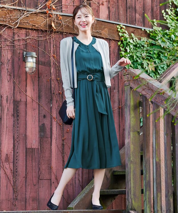 Tiaclasse 【洗える】花びらスリーブベルト付きワンピース ターコイズ