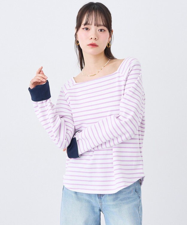 earth music&ecology バイカラースクエアネックボーダープルオーバー Lilac