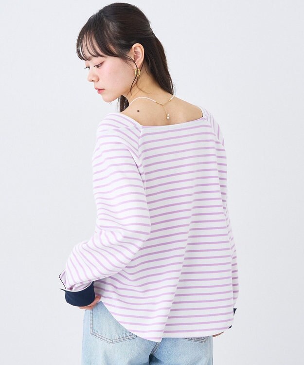 earth music&ecology バイカラースクエアネックボーダープルオーバー Lilac