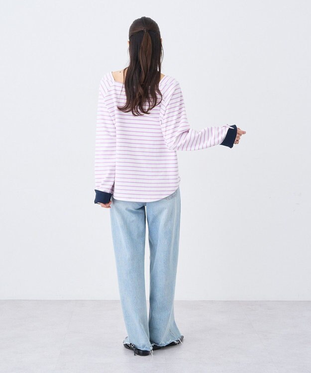 earth music&ecology バイカラースクエアネックボーダープルオーバー Lilac