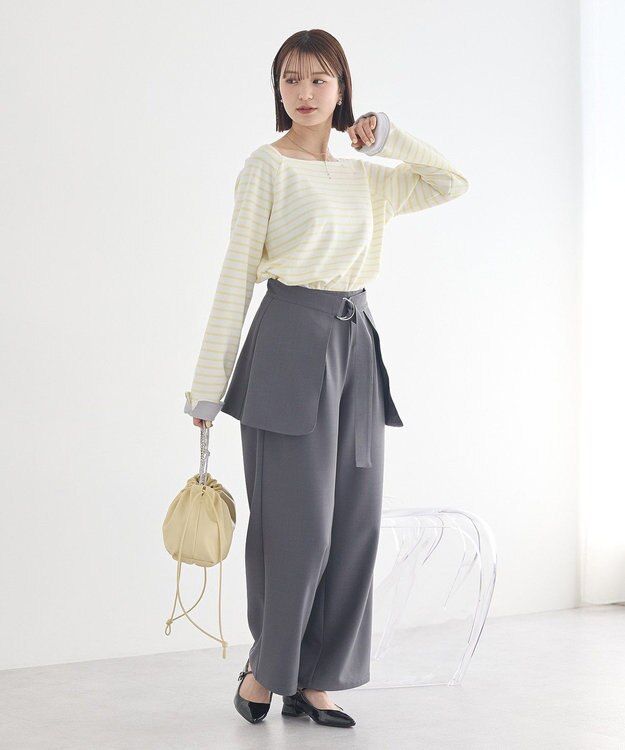 earth music&ecology バイカラースクエアネックボーダープルオーバー Yellow