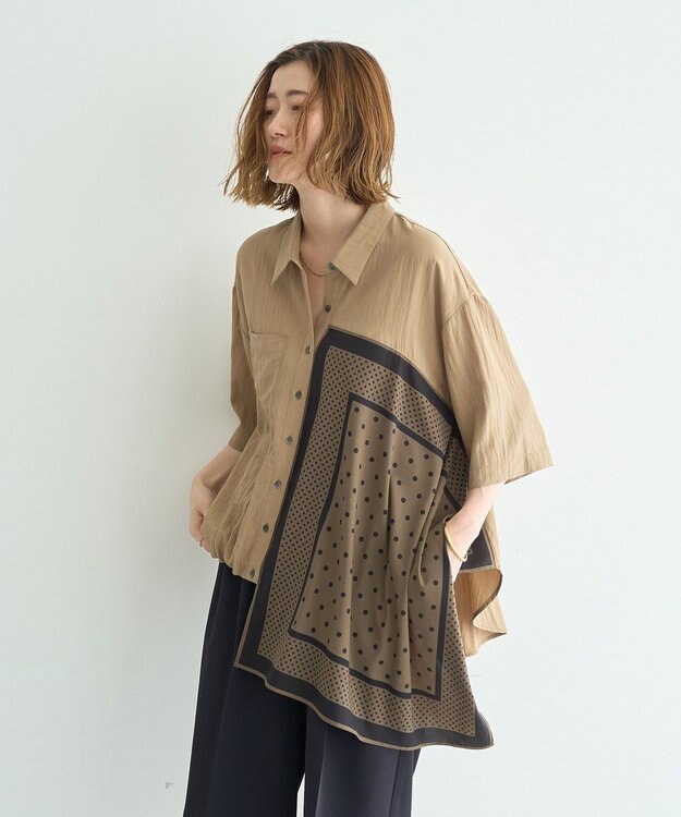 YECCA VECCA スカーフデザインアシメハーフスリーブシャツ Beige