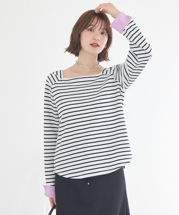 earth music&ecology バイカラースクエアネックボーダープルオーバー Ivory