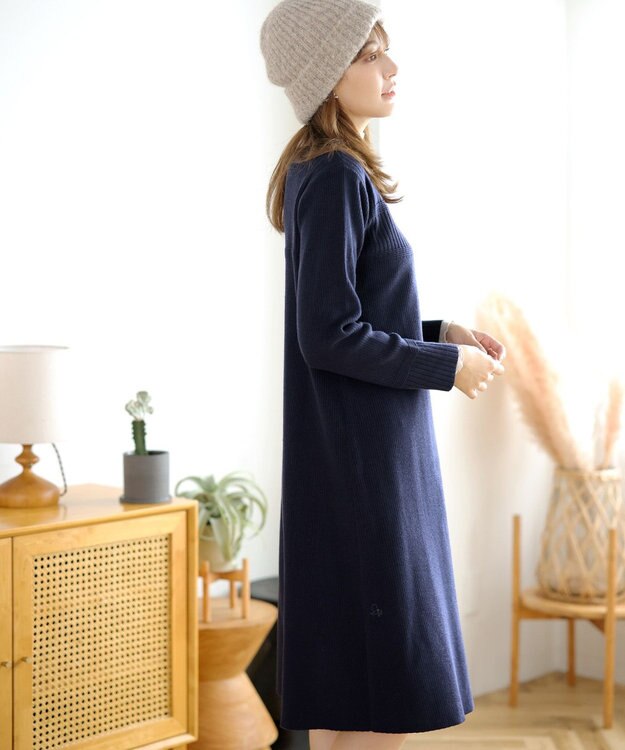 Tiaclasse L 【洗える】リブ切替デザインニットワンピース ネイビー