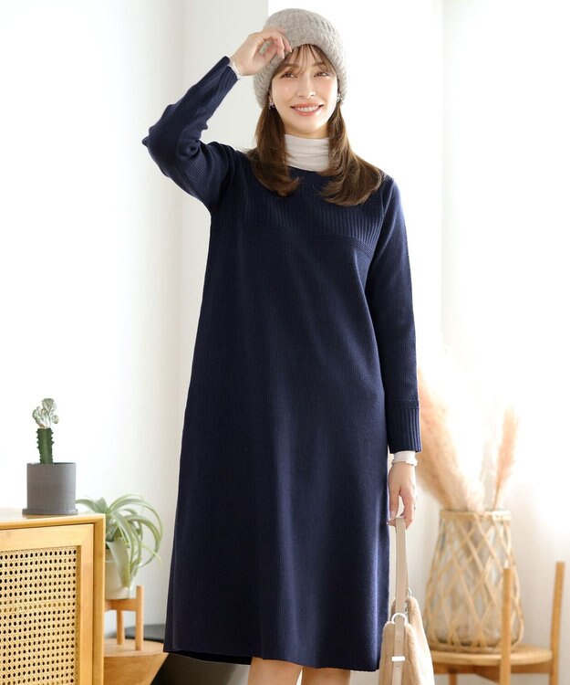 Tiaclasse L 【洗える】リブ切替デザインニットワンピース ネイビー
