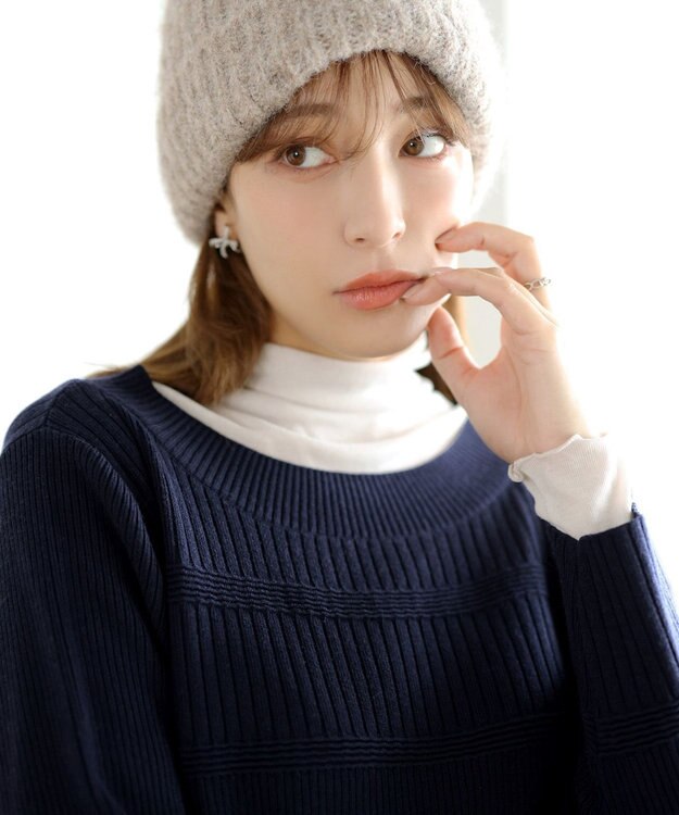 Tiaclasse L 【洗える】リブ切替デザインニットワンピース ネイビー