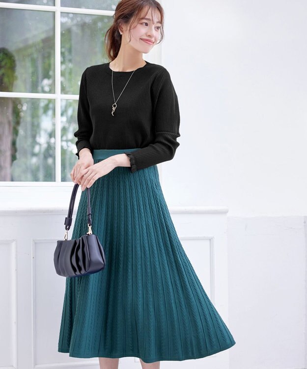 Tiaclasse L 【洗える】アラン柄ニットフレアスカート ターコイズ