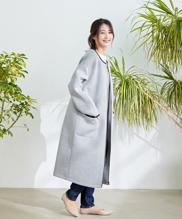 Tiaclasse パイピングノーカラーダンボールコート グレー