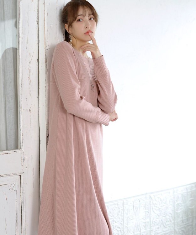 Tiaclasse L 【洗える】リブ切替デザインニットワンピース ピンク