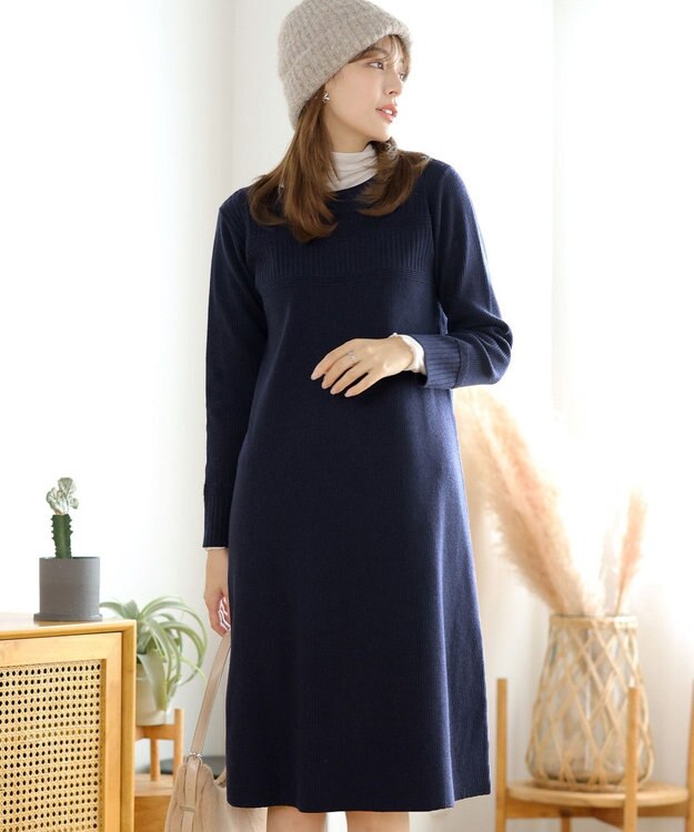 Tiaclasse L 【洗える】リブ切替デザインニットワンピース ネイビー
