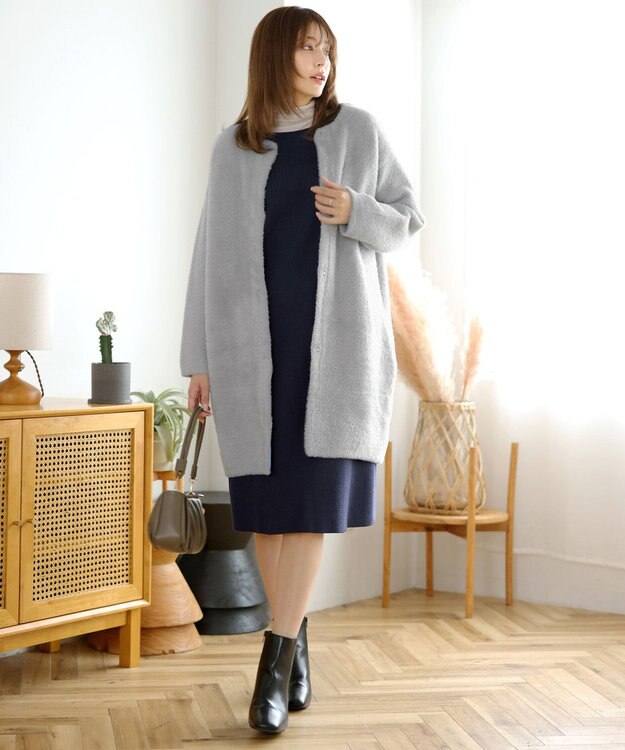 Tiaclasse L 【洗える】リブ切替デザインニットワンピース ネイビー