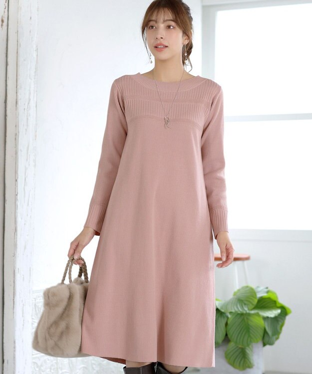 Tiaclasse L 【洗える】リブ切替デザインニットワンピース ピンク