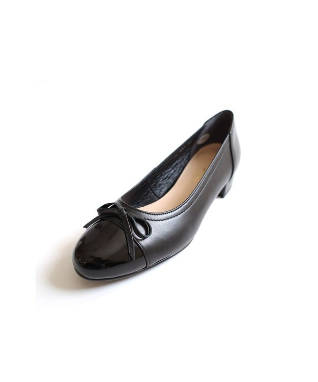 Pointer 日本製 本革リボン付きラウンドトゥパンプス ブラック×ブラック(エナメル)