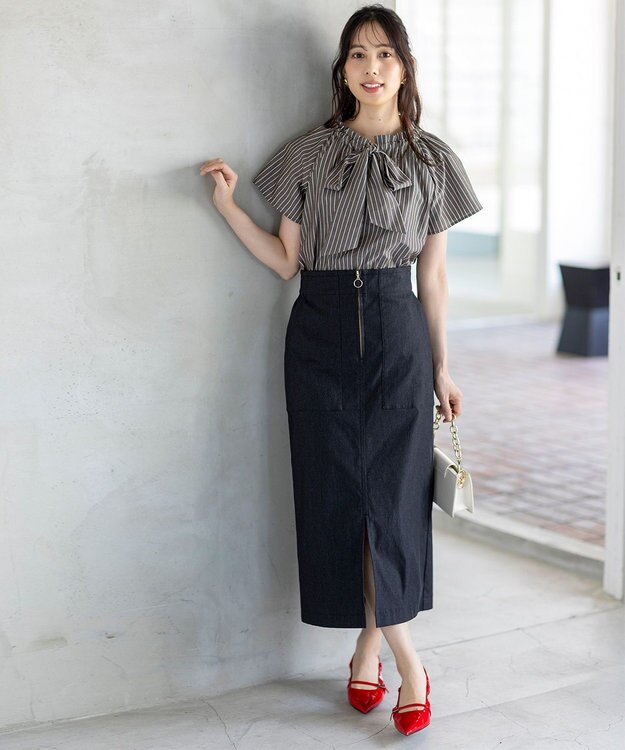 ANY SIS 【2WAY】フロントジップタイト スカート シャンブレーブラック