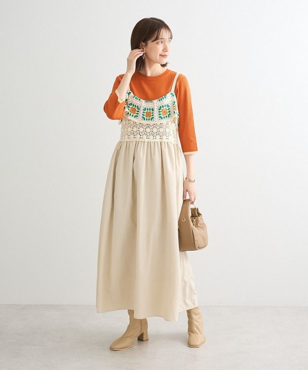 Green Parks ＢＰ　袖口カラーリブ７分袖ニットプルオーバー Orange