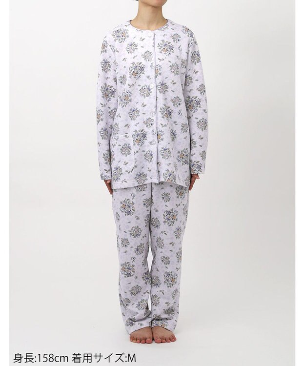 WACOAL ワコール_リラックス＆スリープ パジャマ 長袖 長ズボン 綿100％(表側・肌側) キルトニット素材 ハドンホール 上下セット 前開き ミントン NDW416 /ワコール パープル