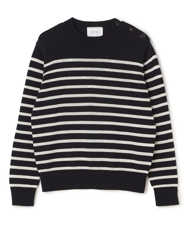 BEIGE， HELIODOR / レーヨンボーダーマリンボタンニット Navy × Ecru