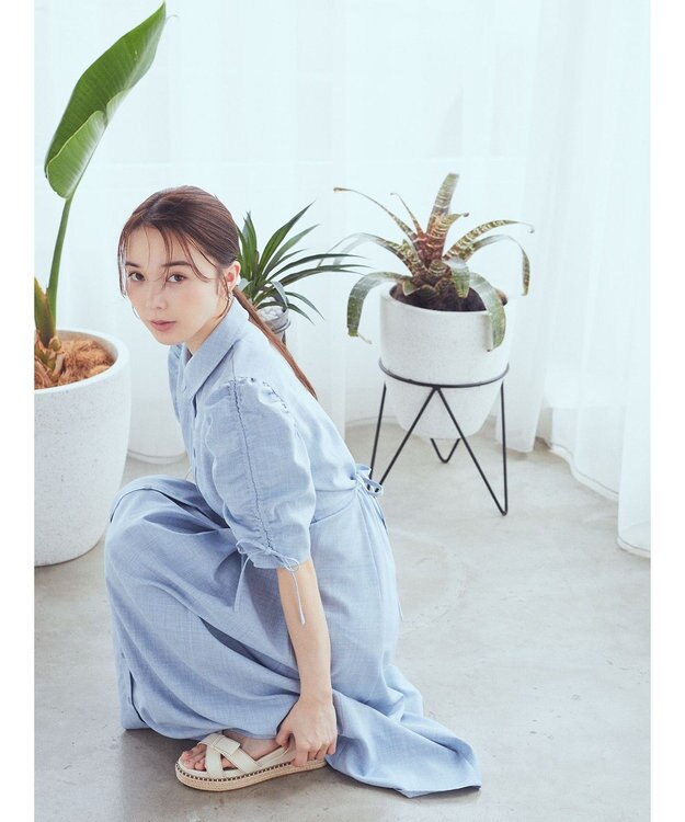 earth music&ecology 袖ドロストシャツワンピース Blue