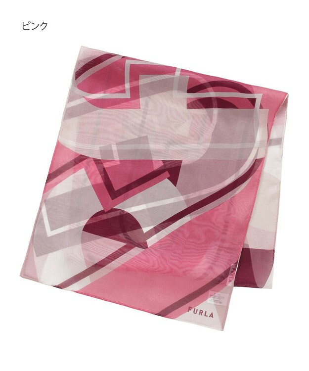 MOONBAT 【シルク100%】FURLA (フルラ) アーチロゴ 幾何学柄 シルクシフォンプリントスカーフ 150cm×35cm 手洗い可能 ピンク