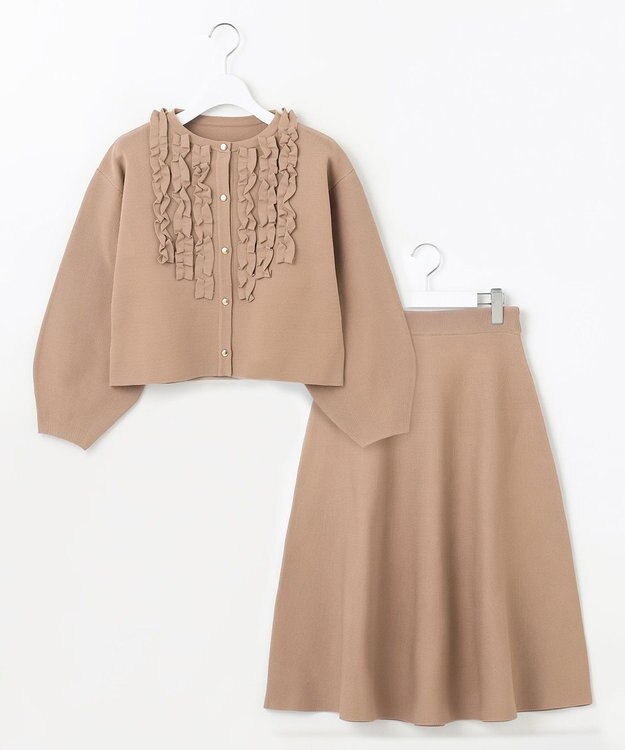 Feroux 【洗える】パフスリーブフリル ニットセットアップ キャメル系