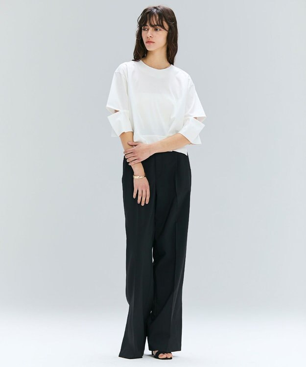 BEIGE， 【洗える】DUOMO / コットンスリットスリーブトップス White