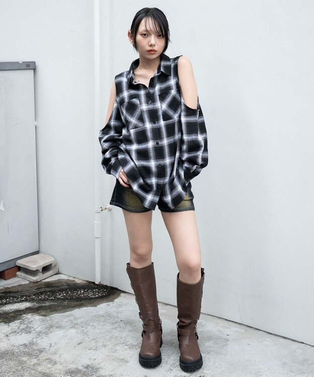 WEGO オープンショルダーチェックBIGシャツ ブラック