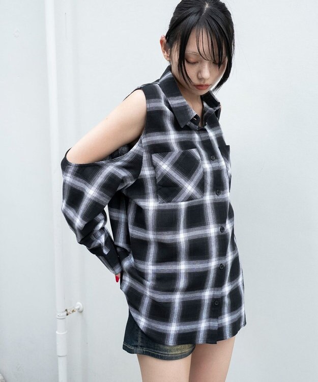 WEGO オープンショルダーチェックBIGシャツ ブラック